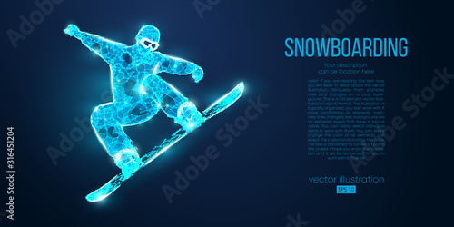 Abstract silhouette of a snowboarder jumping from particles on blue background. All elements on a separate layers color can be changed. Low poly neon wire outline geometric. Vector snowboarding