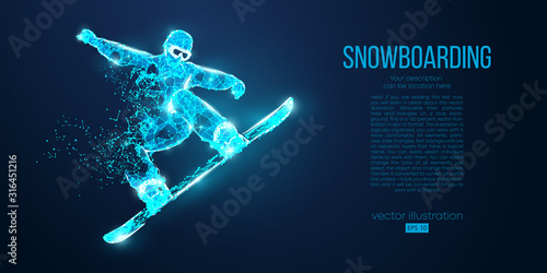 Abstract silhouette of a snowboarder jumping from particles on blue background. All elements on a separate layers color can be changed. Low poly neon wire outline geometric. Vector snowboarding