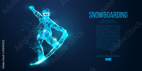 Abstract silhouette of a snowboarder jumping from particles on blue background. All elements on a separate layers color can be changed. Low poly neon wire outline geometric. Vector snowboarding