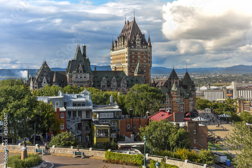 Cityscape of Quebec on a cloudy sunny day, with rainbow in the background. Concept of travel and city. Canada.