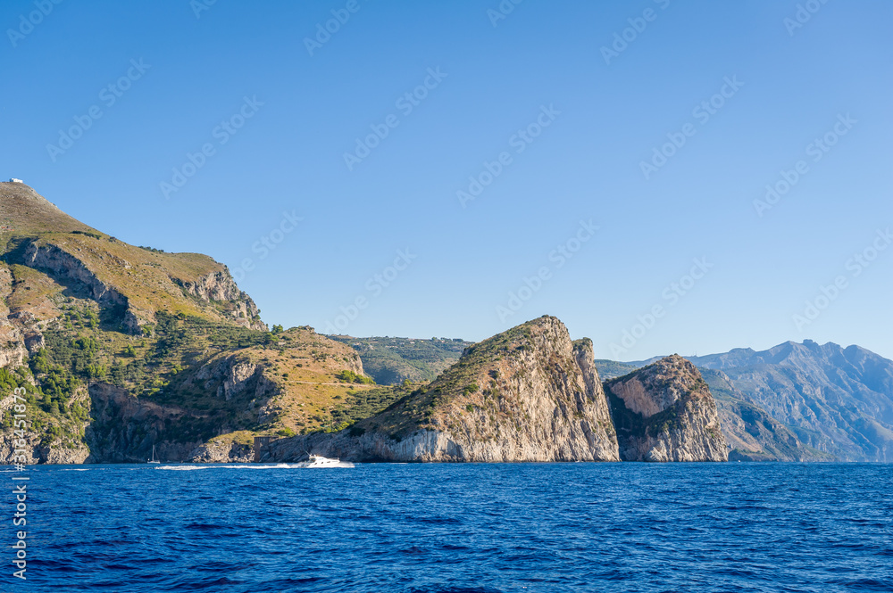 Rocky Amalfi coast seascape. Sailing in Italy.
