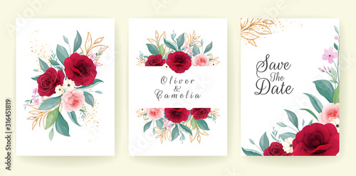 Set of cards with floral decoration. Wedding invitation template design of elegant rose flowers and leaves with glitter. Floral illustration decoration for save the date, event, cover, poster