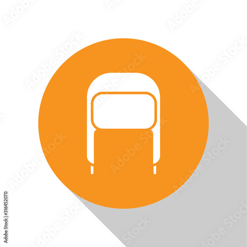 White Winter hat with ear flaps icon isolated on white background. Orange circle button. Vector Illustration