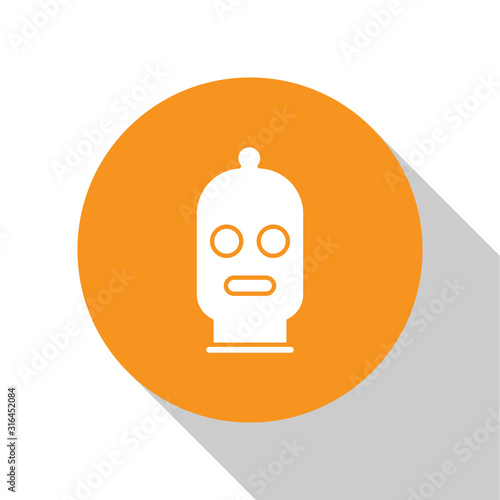 White Balaclava icon isolated on white background. A piece of clothing for winter sports or a mask for a criminal or a thief. Orange circle button. Vector Illustration
