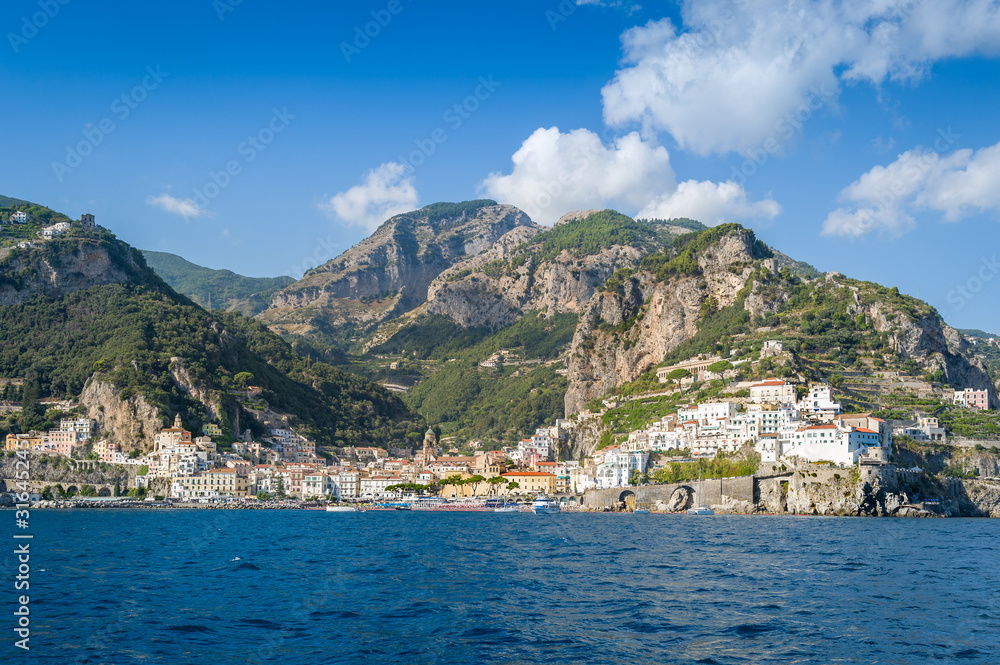 Mountain range and Amalfi village. Italian travel destinations.