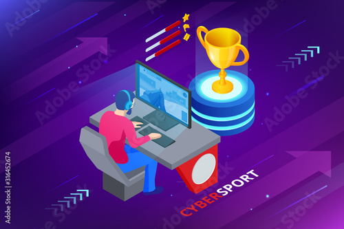 Isometric Cybersports competition. Cybersport arena with gamers. Online game tournament in player vs player format. Cybersport competition with winner cup.