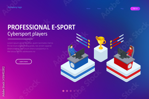 Isometric Cybersports competition. Cybersport arena with gamers. Online game tournament in player vs player format. Cybersport competition with winner cup.