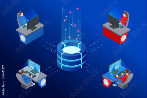 Isometric Cybersports competition. Cybersport arena with gamers. Online game tournament in player vs player format. Cybersport competition with winner cup.
