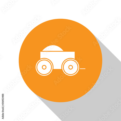 White Wooden four-wheel cart with hay icon isolated on white background. Orange circle button. Vector Illustration