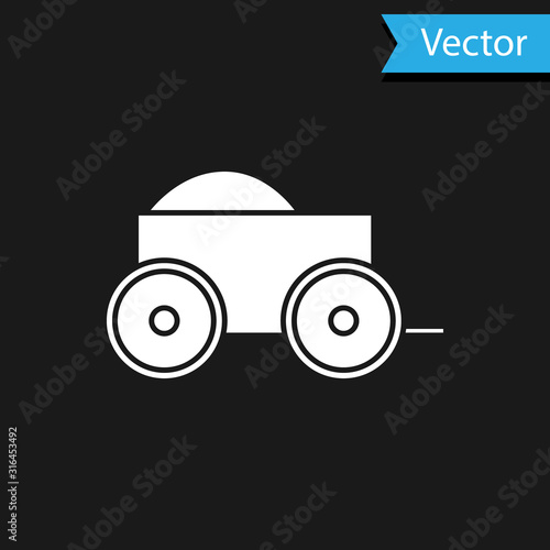 White Wooden four-wheel cart with hay icon isolated on black background. Vector Illustration