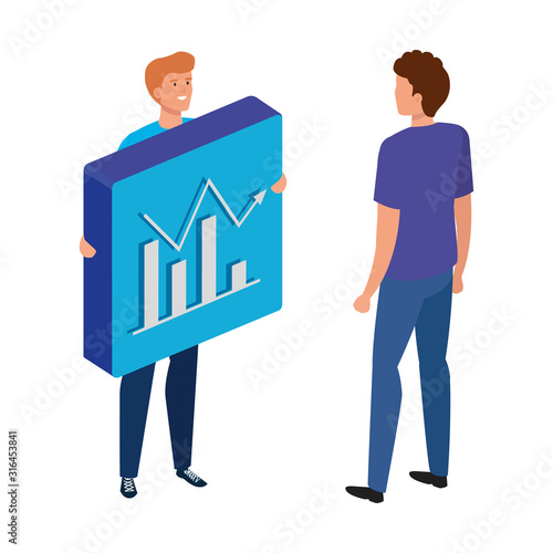 young men and button with bars statistical graph vector illustration design