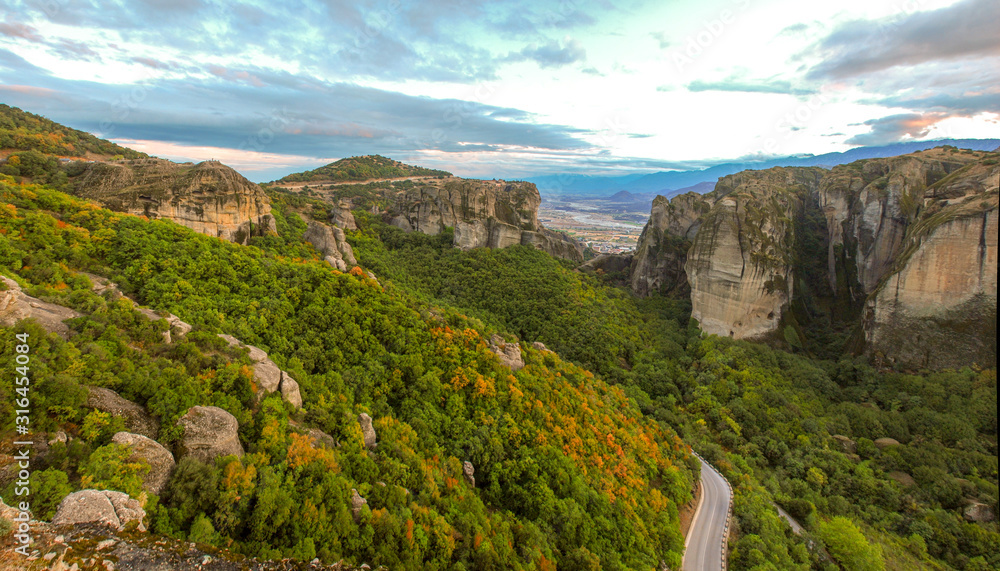 Landscape view of the Meteora mountains and valley, Greece
