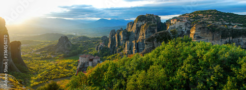 Landscape view of the Meteora mountains and valley, Greece
