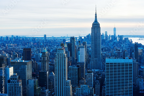 New york City architecture with Manhattan skyline at dusk   NY  USA. View from above.