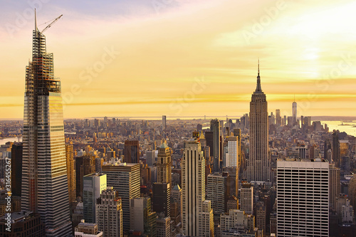 New york City architecture with Manhattan skyline at dusk , NY, USA. View from above.