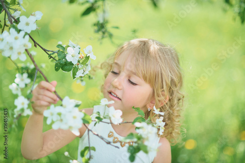 girl sniffing flowers of apple orchard. garden with flowering trees