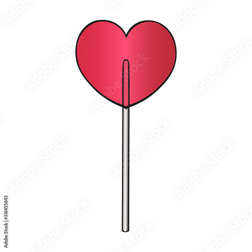 Lollipop, in the shape of a heart. Red sugar caramel. Translucent candy. Color vector illustration. Romantic dessert for Valentine's day. Isolated background. Idea for web design.