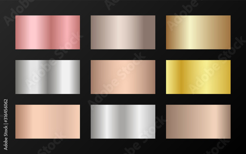 Metallic foil texture silver, steel, chrome, platinum, copper, bronze, aluminum, rose gold gradient swatches. 