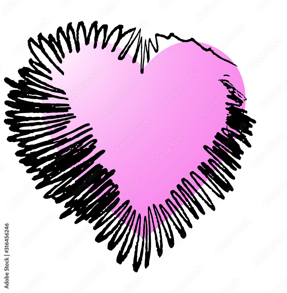 Shiny pink heart with black scribbled outline. Vector illustration
