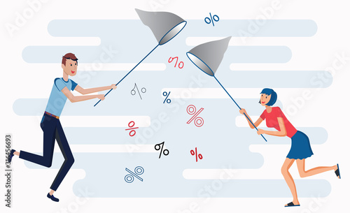 Sale illustration in flat style. A guy and a girl are catching a net with a discount. Can use for web banner, promo poster. Isolated on white background..