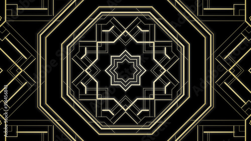 Kaleidoscope Art deco pattern. Gold illustration of modern early 20th century ornament with star shapes. Geometric octagon abstract background with glamorous lines & squares. Arabesque oriental style photo