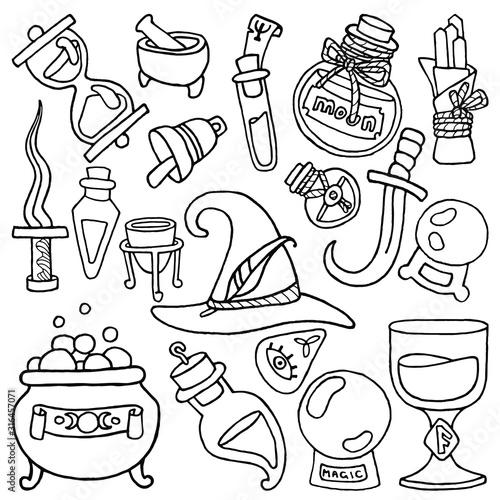 Witchcraft. Wicca and pagan traditions. Magic items. Drawn elements: witch hat, potion bottles, ritual daggers, mortar and pestle, crucible, hourglass, crystal ball, cauldron, etc. Occult symbols.
