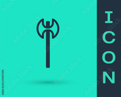 Black line Medieval axe icon isolated on green background. Battle axe, executioner axe. Medieval weapon. Vector Illustration