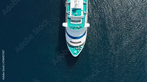 Overhead view above the bow of German cruise ship moored in the port of Esperance, Australia, ferries passengers to the mainland for tours photo