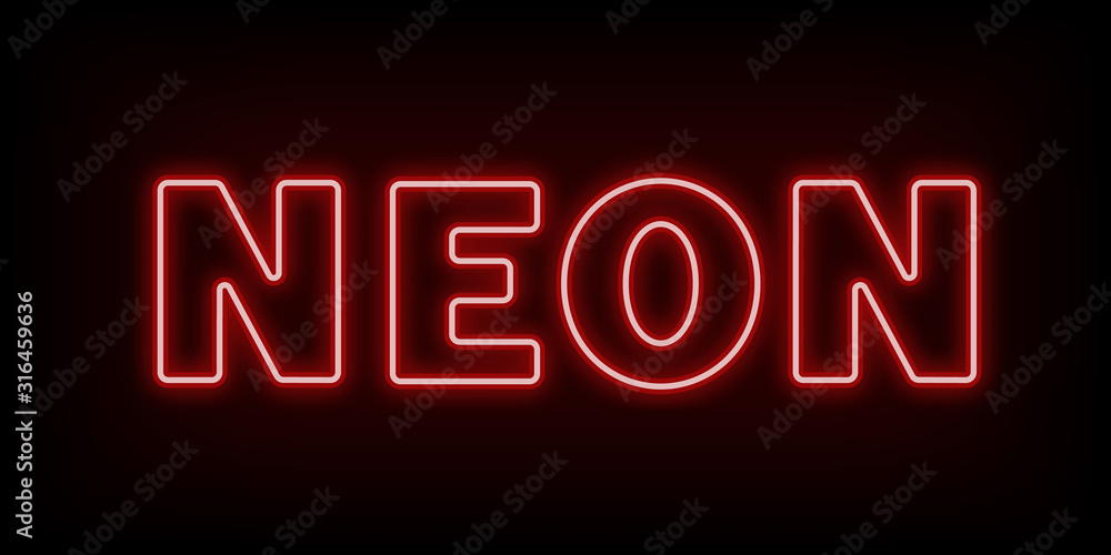 Red fluorescent word neon on dark background. Blur effect is made as mesh. Vector illustration. Red fluorescent word neon on dark background. Blur effect is made as mesh. Vector illustration.