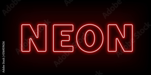 Red fluorescent word neon on dark background. Blur effect is made as mesh. Vector illustration.