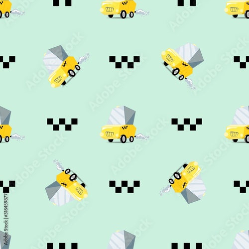 Taxi cartoon seamless pattern isolated on mint green background  vector illustration. Cute print for a wrapping paper and textile fabric.