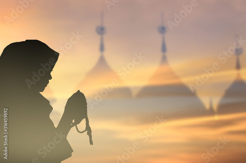Photography Muslim women standing hand holding Quran and rosary for prayer Background  Mosqu