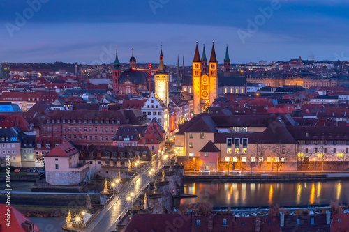 Aerial panoramic view of Old Town with cathedral, city hall and Alte Mainbrucke in Wurzburg, part of the Romantic Road, Franconia, Bavaria, Germany