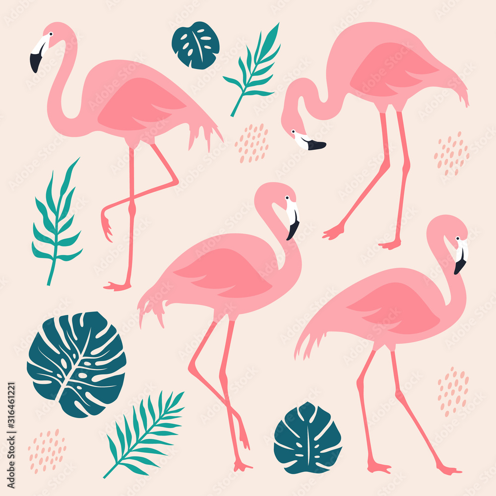 Obraz premium Vector set with pink flamingos and tropical palm leaves. Hand Drawn illustration, isolated elements.