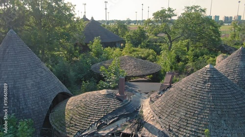 Aerial: Abandoned zoo on Belle Isle park in Detroit, USA photo