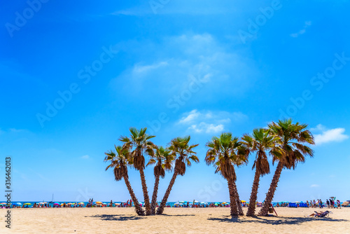 Valencia, Spain - June 23, 2019: Agglomeration of holiday people taking advantage of the sand of a Mediterranean beach to place their umbrellas and enjoy the summer. © Joaquin Corbalan