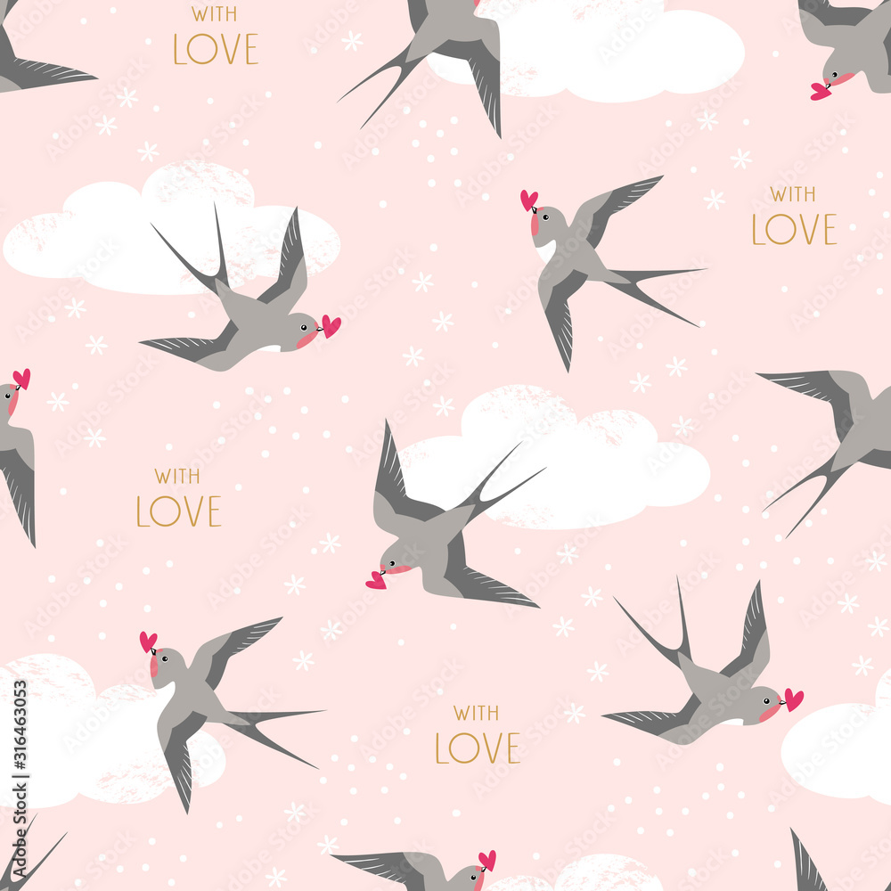 Seamless pattern of flying swallows birds carrying hearts on pink cloudy sky background. 