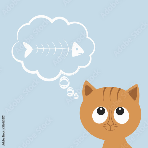 Cat and fish. Cute hungry cat or kitten thinks about fish. Cartoon character, animal collection. Thoughts bubble. Vector illustration 
