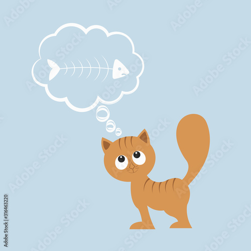 Cute hungry cat or kitten thinks about fish. Cartoon character, animal collection. Thoughts bubble. Vector illustration 