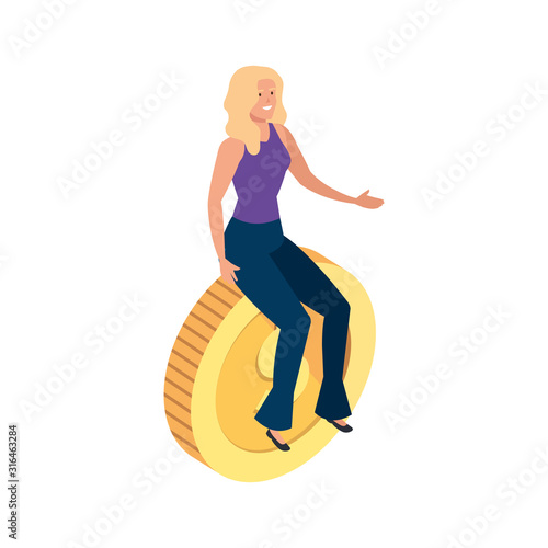 beautiful woman sitting in coin isolated icon vector illustration design