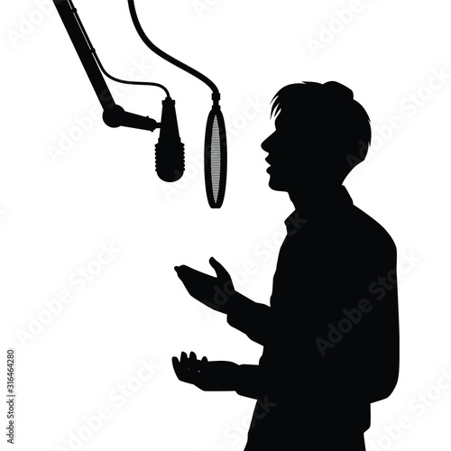 Young man with microphone in studio silhouette vector, radio broadcaster, singer