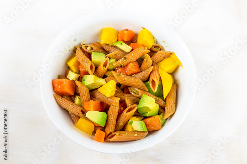 Red Papaya, avocado and mango with Basil paste lentil pasta