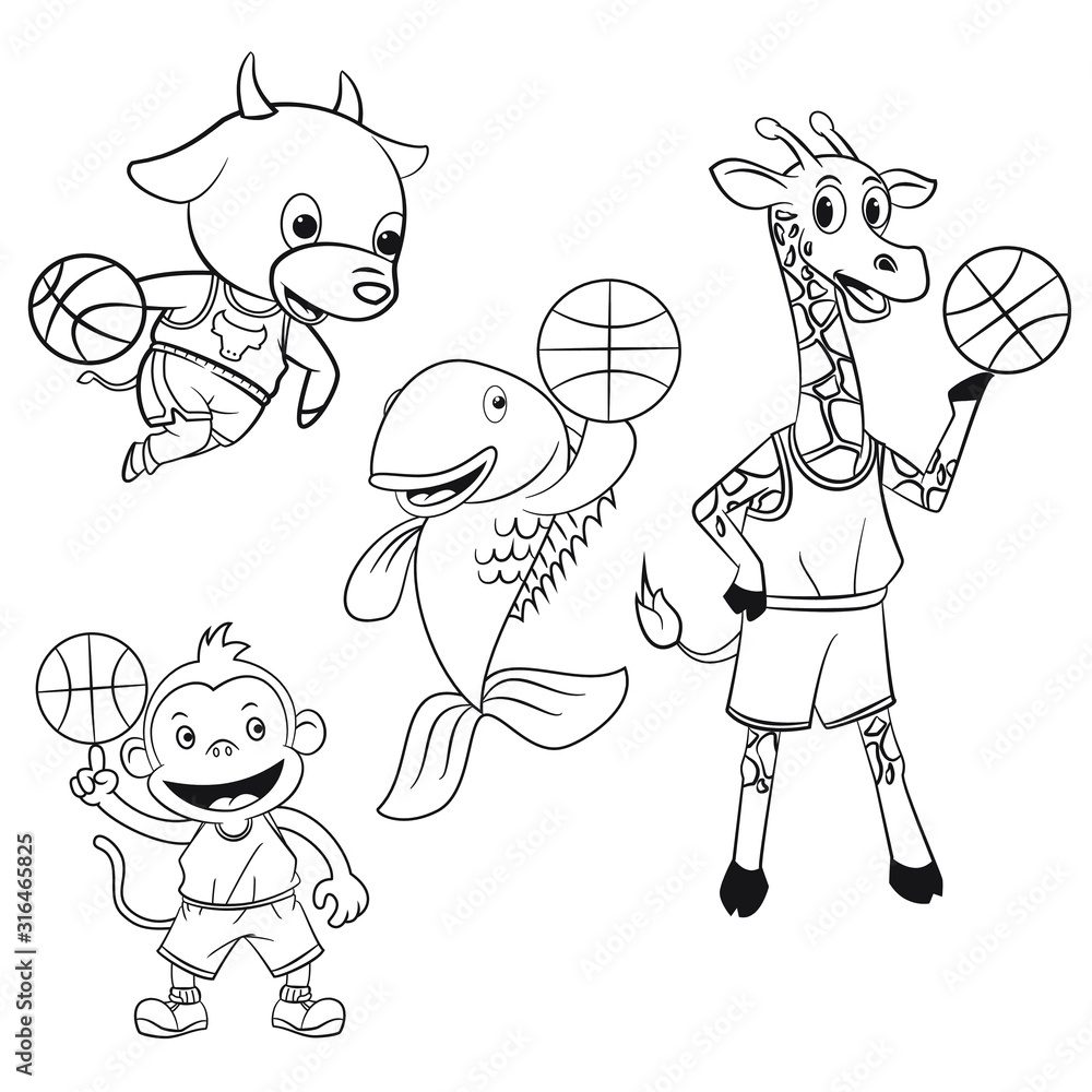 animal cartoon collection playing basketball for coloring book Stock