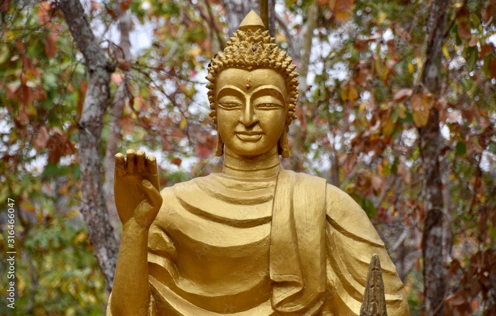 Fototapeta premium Golden Painted Buddha Statue in Forest, Luang Prabang, Laos