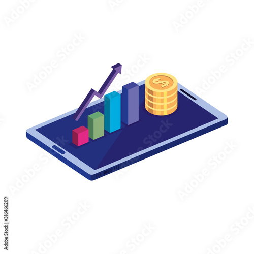 smartphone with pile coins and infographic design