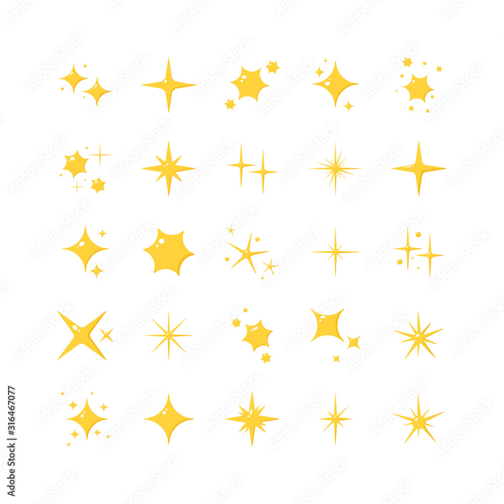 Set of yellow sparkles. Collection of twinkling star symbol isolated on white background. Cartoon style. Vector illustration.