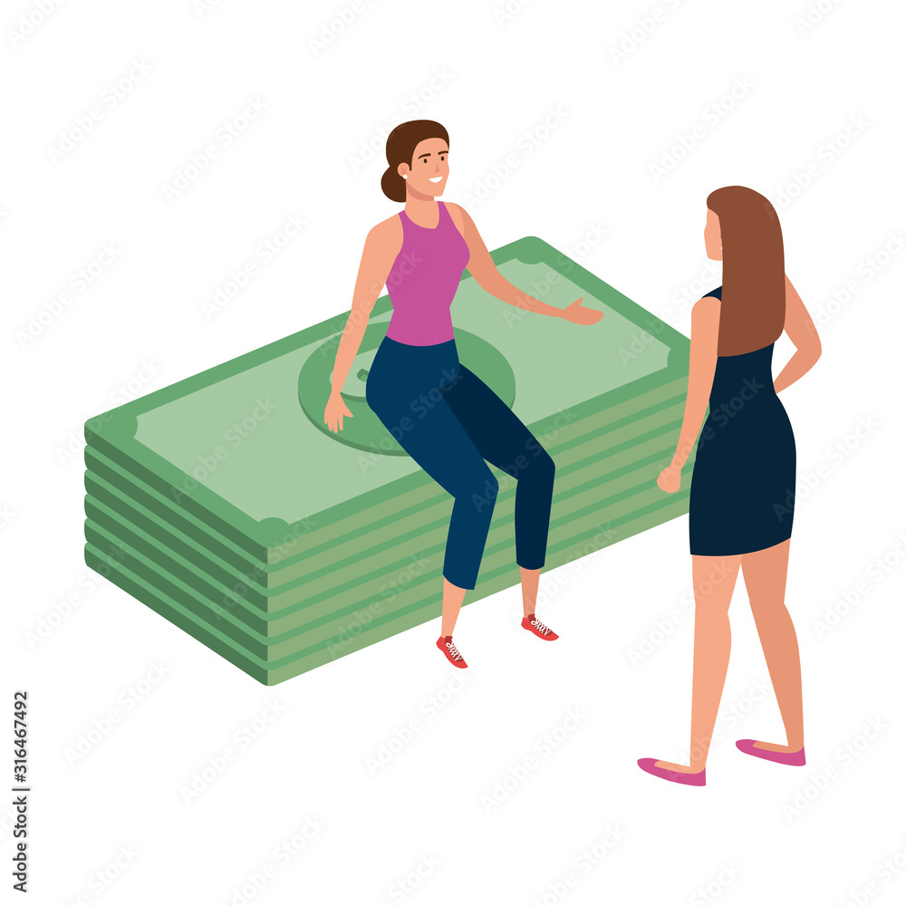 beautiful women with stack bills finance vector illustration design