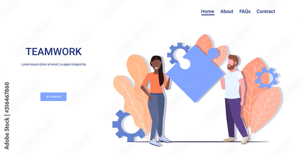 businesspeople brainstorming holding jigsaw puzzle piece teamwork solution collaboration business process concept mix race man woman working together horizontal copy space full length vector