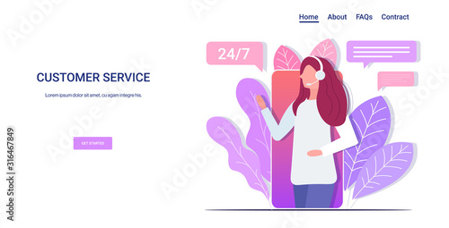 woman helpline operator with headset technical client support customer service concept female consultant answers question smartphone screen mobile app portrait horizontal copy space vector