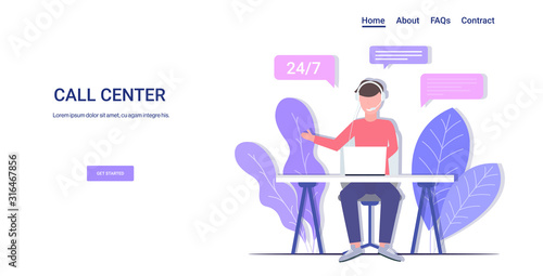 man helpline operator with headset sitting at workplace technical client support customer service call center concept consultant answers question full length horizontal copy space vector illustration